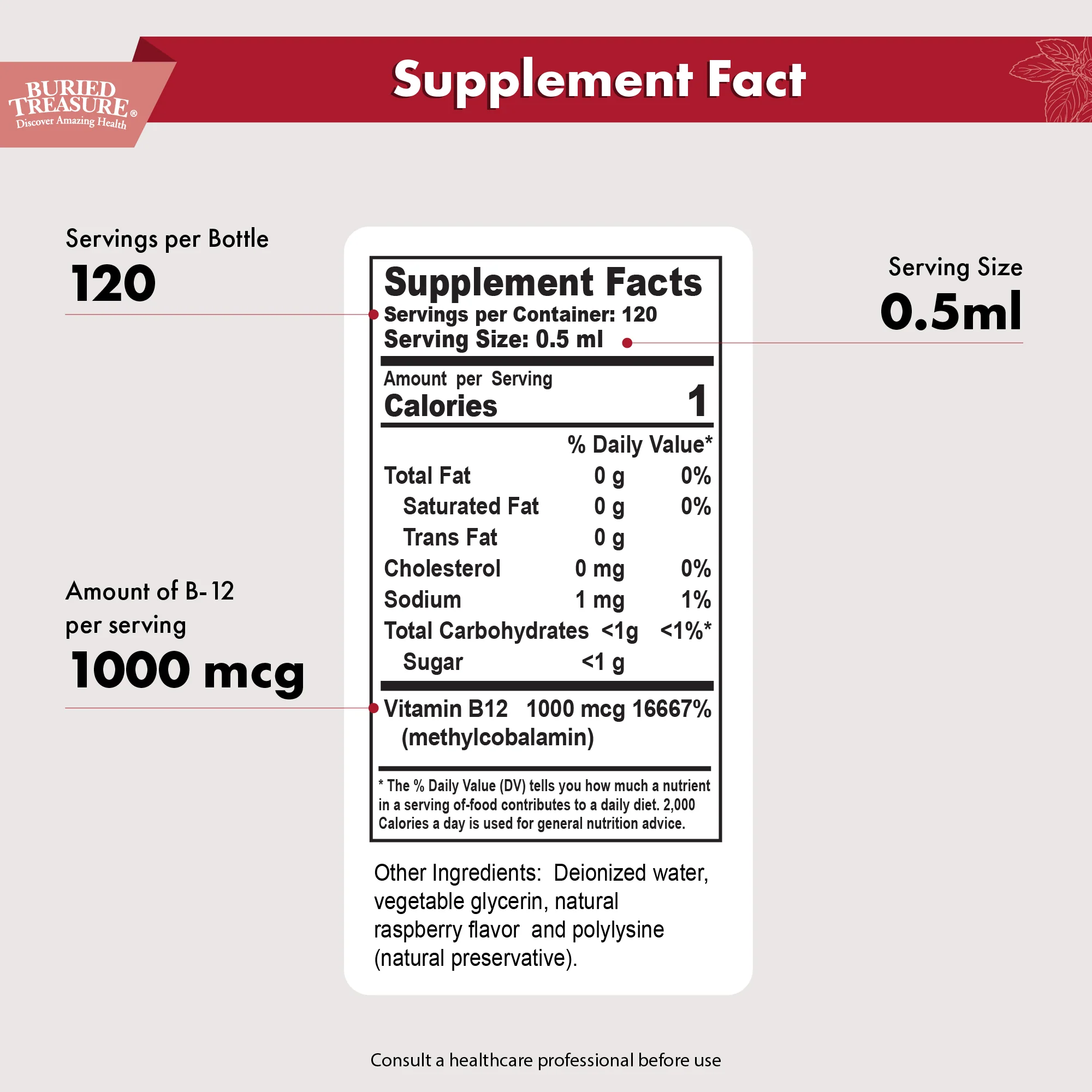 Buried Treasure Vitamin B12 Drops – Liquid Supplement with Vegetarian-Friendly Formula for Daily Nutrition and Wellness - Image 2